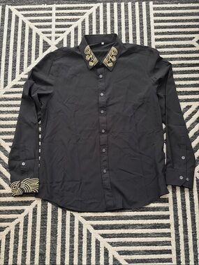 Black Men's Dress Shirt with Gold Embroidered Collar and Cuffs